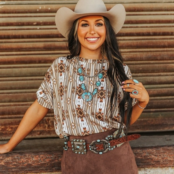 Lucky & Blessed Tops - NWT Brown Western aztec oversized top